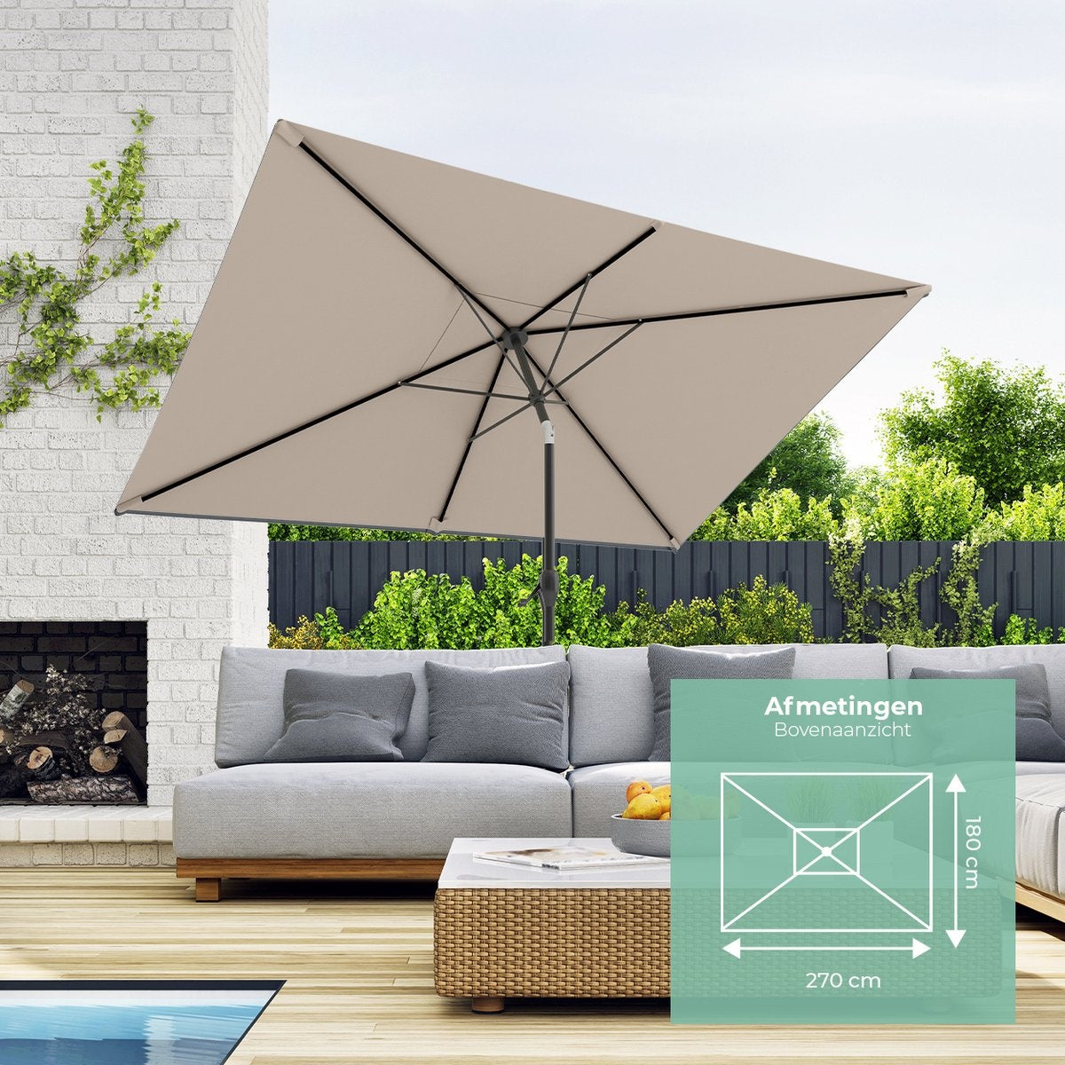 LifeGoods Parasol - 270x180cm - 30° Kantelbaar - Waterdicht - met Hoes - Taupe