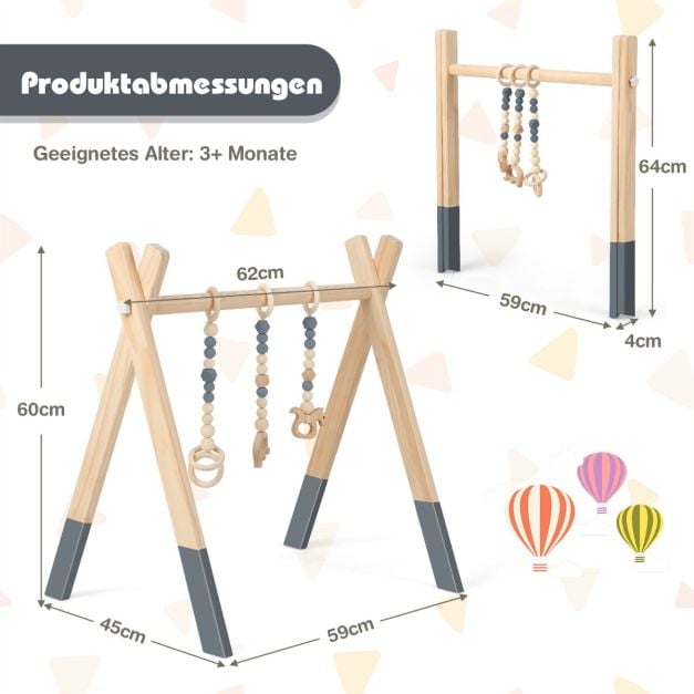 Coast Houten Babygym – 3 Hangspeeltjes – 60 x 44 x 60 cm – Groen, Grijs en Roze