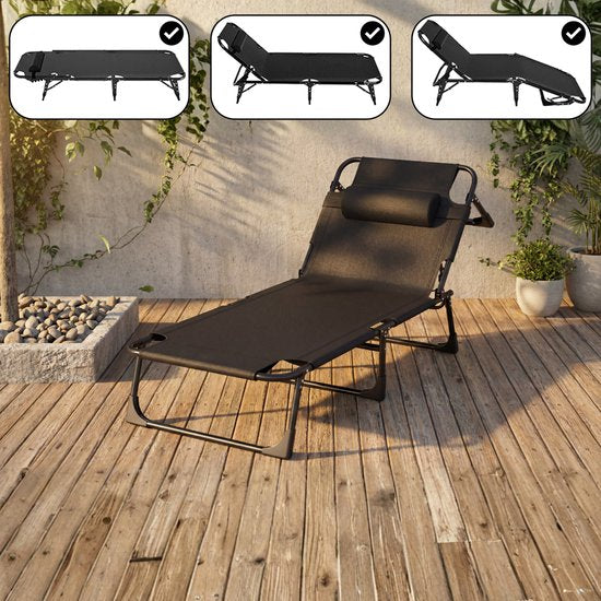 Outbee Ligbed - Ligstoel - Zonnebed - 190x55x30 cm - Inklapbaar - Verstelbaar - Weerbestendig - Zwart
