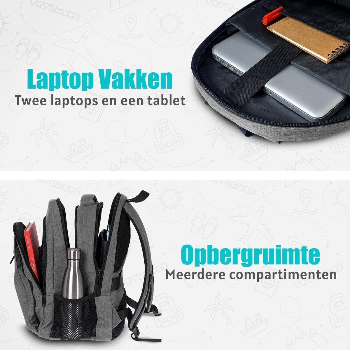 TRVLMORE Rugzak - 28L - 15,6 inch - Laptop Rugtas - Schooltas - Unisex - Spatwaterdicht Grijs