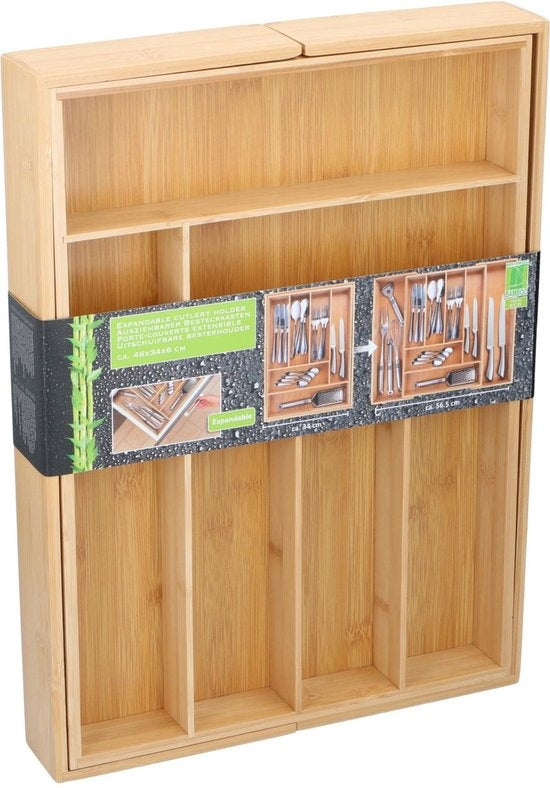 Uitschuifbare Bestekbak - 46 x 34 - 56.6 x 6 CM - 6 tot 8 Vakken - Ecologisch Bamboe Materiaal