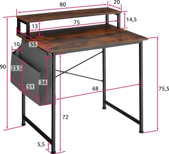 tectake® - Bureau Everett - 80 cm breed - met plank en organizer - computertafel - donkerbruin - 404662