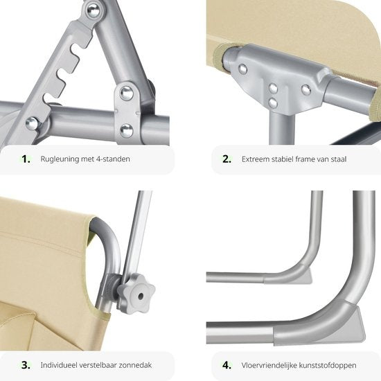 tectake® - ligstoel, robuust, verstelbaar, stalen onderstel met zonnescherm, 4-standen rugleuning inclusief hoofdkussen, strandstoel Ideaal voor tuin, zwembad, camping– beige - 68 x 190 x 28 cm