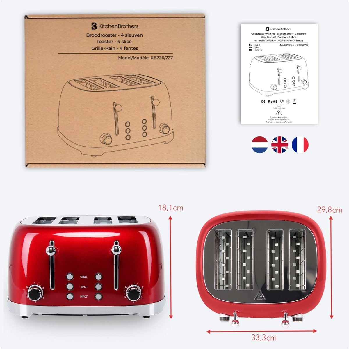 KitchenBrothers Retro Broodrooster - 6 Warmteniveaus - 4 Extra Brede Sleuven - 1630W - Reheat en Ontdooi-functie - Rood