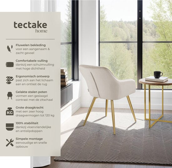 tectake® Eetkamerstoel Marilyn - Met Armleuningen - Elegante Stoel met Gevoerde Zitting in Fluweellook - Gestoffeerd - Gouden Metalen Poten - Ergonomische Keukenstoel - Stoel voor Woonkamer, Eetkamer en Slaapkamer - Taupe