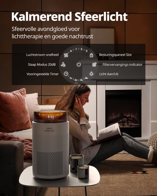 Coway Airmega 100 Luchtreiniger - Voor ruimtes tot 63m² - HEPA filter + koolstoffilter - 244 m³/u - Tegen stof, pollen en allergenen - Fluisterstil (20 dB) - ECARF gecertificeerd - Air Purifier -