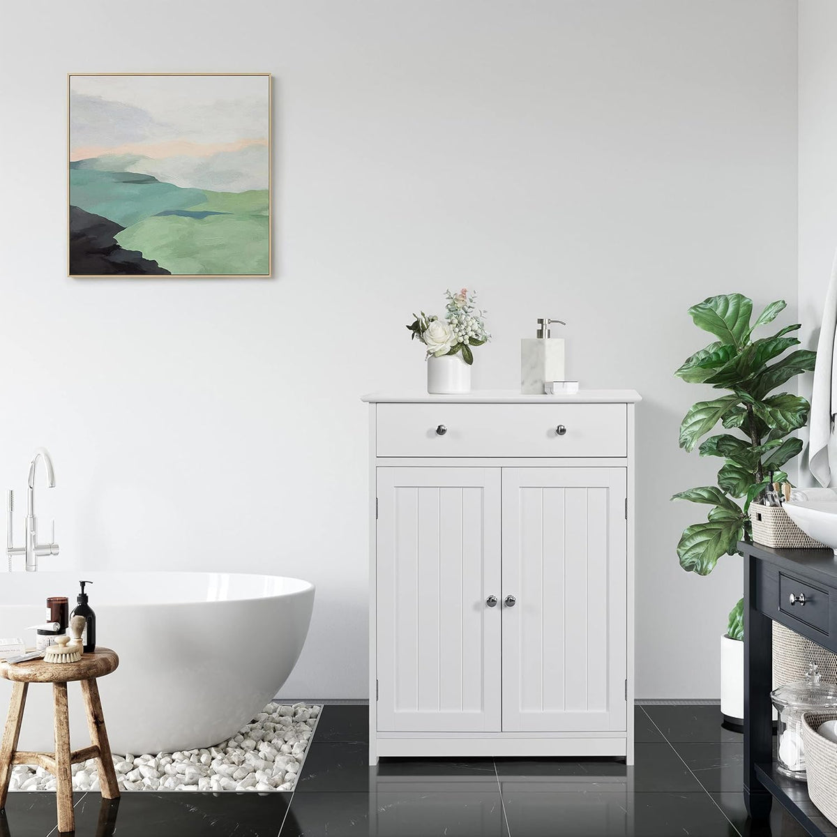 Yaheetech Badkamerkast 60 x 30 x 80 cm - Wit - 2 Deuren - Grote Lade - Verstelbare Planken
