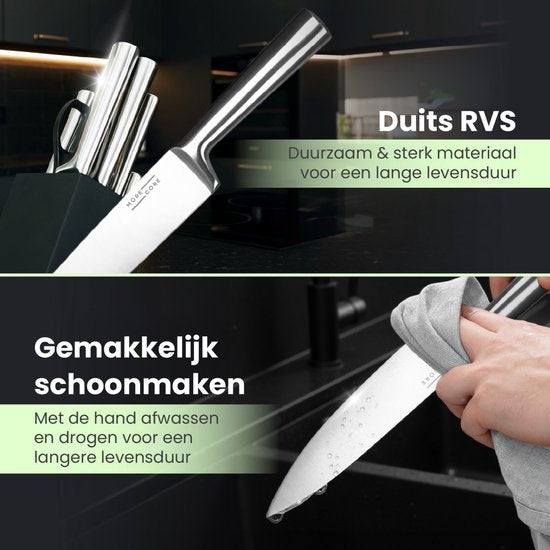MoreCore Messenset met Blok en Messenslijper - Messenblok - Keukenmessen - Inclusief Keukenschaar - Koksmes - Krasbestendige - RVS - Zilverkleurig/Zwart - Vaderdag Cadeau