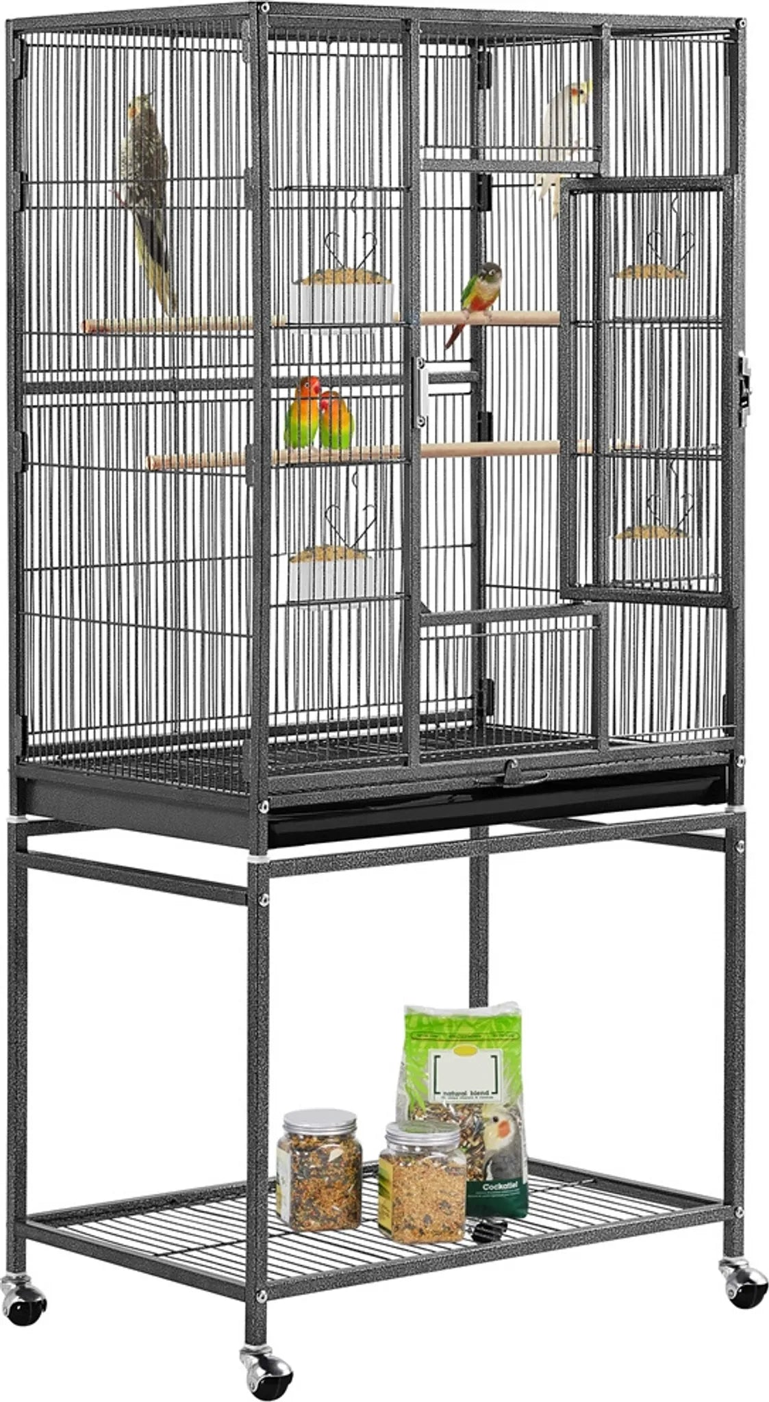 Yaheetech Vogelkooi Met Verrijdbaar Onderstel – Voorzien Van Uitneembare Lade En Extra Opbergplank En 4 Voerbakjes – Voor Parkieten Vinken En Kanaries – Zwart Gepoedercoat Metaal – 61 x 43 x 136 cm