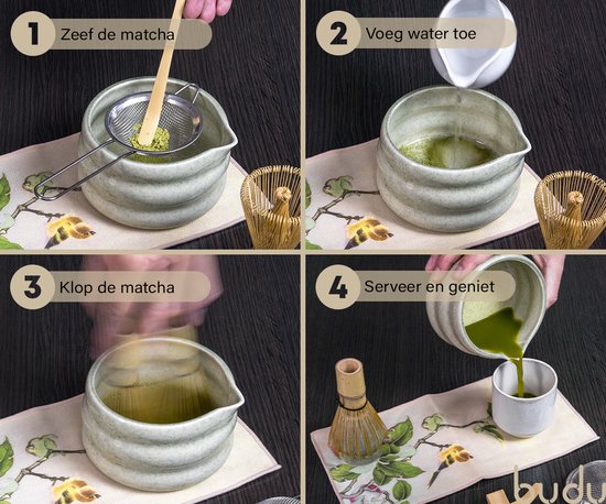 Budu Matchatset 7-delig - Matcha klopper - Matcha kom - Matcha Wisk - Matcha starterkit - Zeef - Cadeauset Matcha - Kerstcadeau