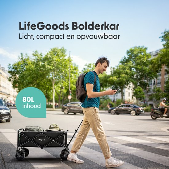 LifeGoods Bolderkar – Inklapbaar  – 80 liter – max. 80 kg – 75 x 49 x 70 cm – Zwart