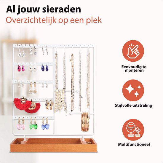 Posity Sieradenrekje – Sieradenhouder – Oorbellenrekje – Juwelen houder – Voor kettingen/armbanden/ringen/Juwelen – Hout & metaal – Wit