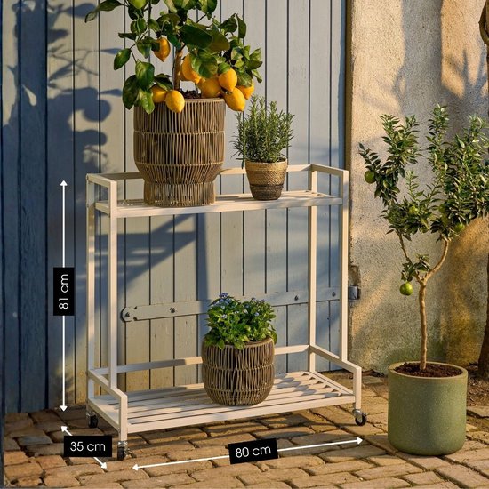 Mica Decorations Greenrax Plantenrek op Wielen - Plantenstandaard voor Kamerplanten, Buitenplanten of Tuingereedschap - Meerdere Plateaus Plantenonderzetter - 80 x 35 x 81 cm - IJzer - Off-white