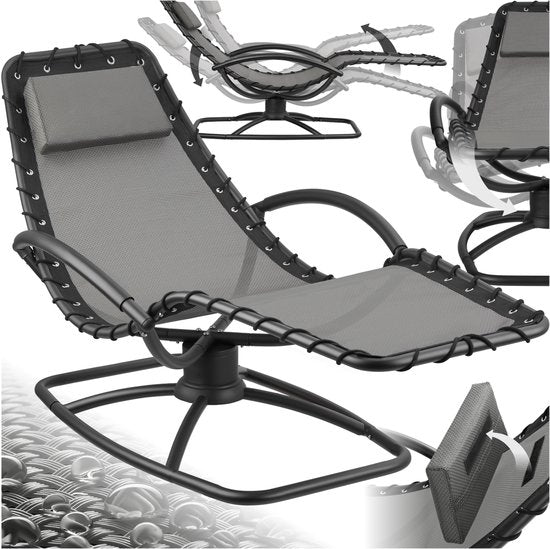 tectake® - Ligstoel Toulon - Ergonomische tuinstoel met schommelfunctie - Verstelbare ligstoel voor tuin, terras, balkon met hoofdkussen en comfortabele armleuningen - 120kg draagkracht - Grijs