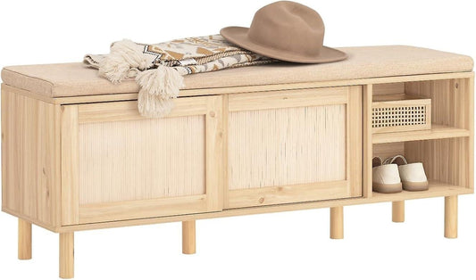 SoBuy Schoenenkast met zitkussen - 2 Schuifdeuren - Landelijk - 1212 x 35 x 49 cm - Bruin