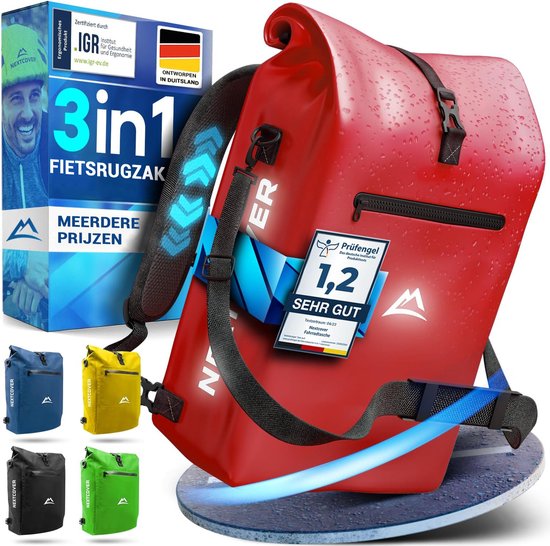 NEXTCOVER® NIEUW 3-in-1 fietstas voor bagagedrager [Aquashield] - Reflecterend bagagedragertas waterdicht - rugzak en schoudertas [25 liter]- Rood