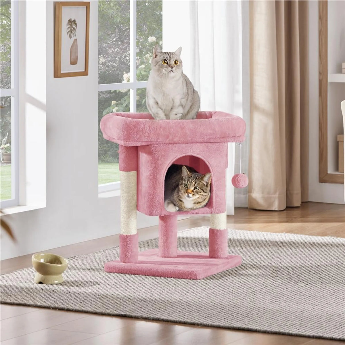 Yaheetech Krabpaal Met Hangmat – Voorzien Van Knus Kattenhol En Twee Sisalpalen En Zachte Ligplek – Voor Kittens En Kleine Katten – Lichtroze Pluche En Sisal – 40,5 x 40,5 x 59 cm