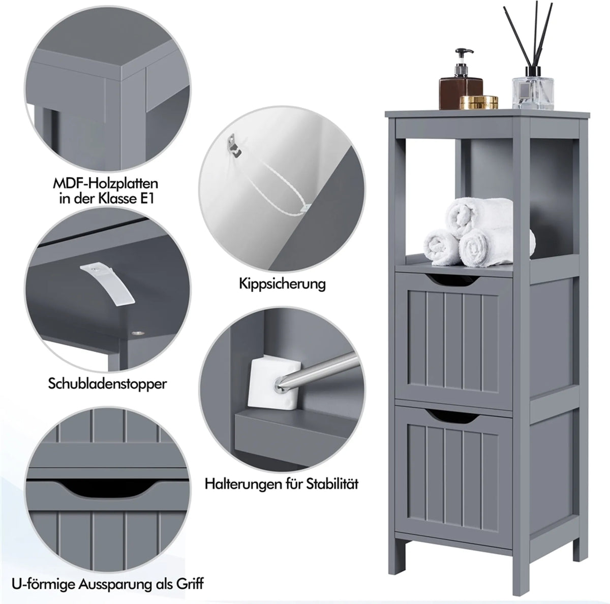 Yaheetech Ruimtebesparende Badkamerkast & Opbergkast Met 2 Uitneembare Lades 89 cm Hoog – Donkergrijs – MDF