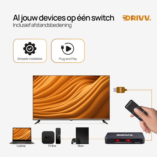 Drivv. HDMI Switch 4K 60Hz – 5 ingangen 1 uitgang - Incl Afstandsbediening - Automatisch Schakelen - Ondersteunt 720p/1080p/4K/3D - Zwart