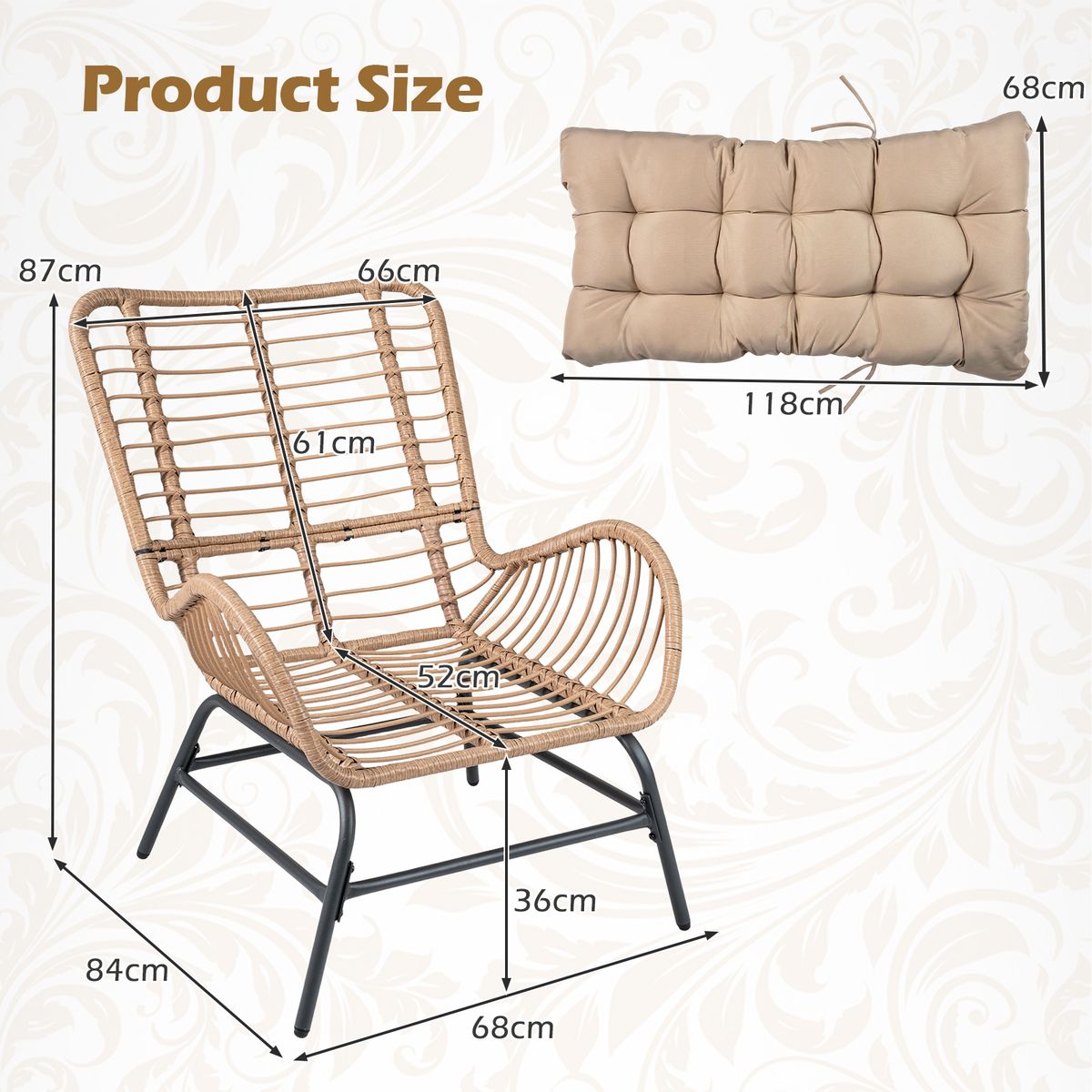 Coast Rotan tuinstoel - ergonomisch ontwerp - inclusief dik kussen - beige - 1 stuks