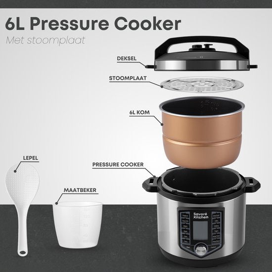 Savoré Kitchen Pressure Cooker – 6L – PFAS Vrij – Snelkookpan, Rijstkoker, Slowcooker, Stomer & Sous-vide in één – Multicooker