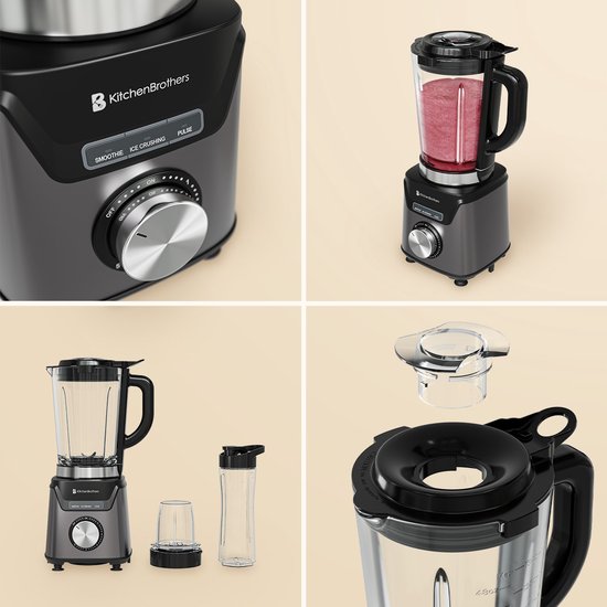 KitchenBrothers Blender Met Drinkfles - 1200W - BPA-vrij - 1.5L - Smoothie Maker - IJscrusher - Grijs