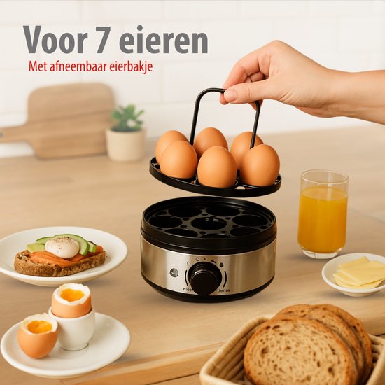 alpina Eierkoker Electrisch 400W – Ei Koker met Timer voor 7 Eieren – Eier Koker met Maatbeker en Prikker – RVS Materiaal met Afneembaar Eierrek – Transparant Deksel
