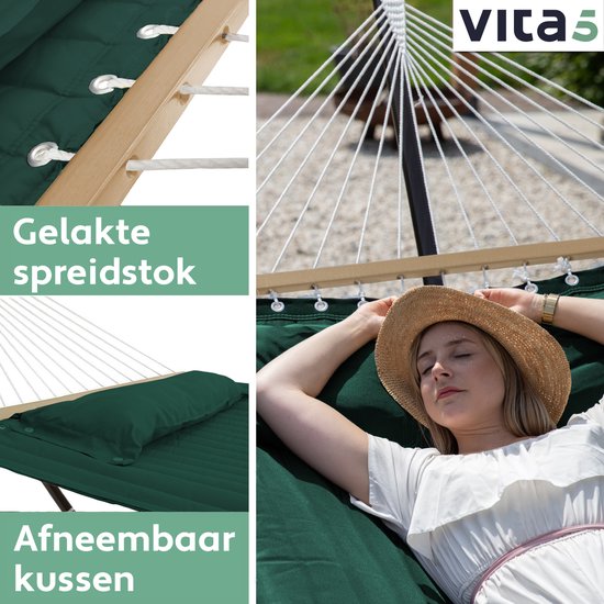 Vita5 Hangmat met Standaard en Spreidstok – 2 Persoons – incl. Bekerhouder - Afneembaar kussen – uv-bestendig – Groen