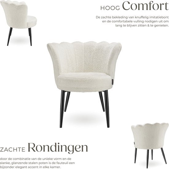 tectake® Fauteuil Stella - Kuipstoel met armleuning – Comfortabele Eetkamerstoel – Keukenstoel – Dikke vulling – Voor woonkamer en eetkamer – Met imitatiebont bekleding - crème/zwart
