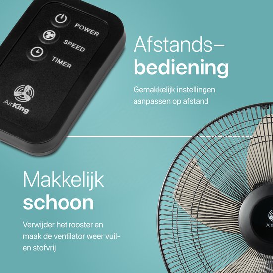 AirKing Statiefventilator - Extra Stille, Energiezuinige Ventilator met 5 Snelheidsstanden - Afstandsbediening, Timerfunctie & Roterende Luchtstroom - Zwart - Koelventilator voor Kamer