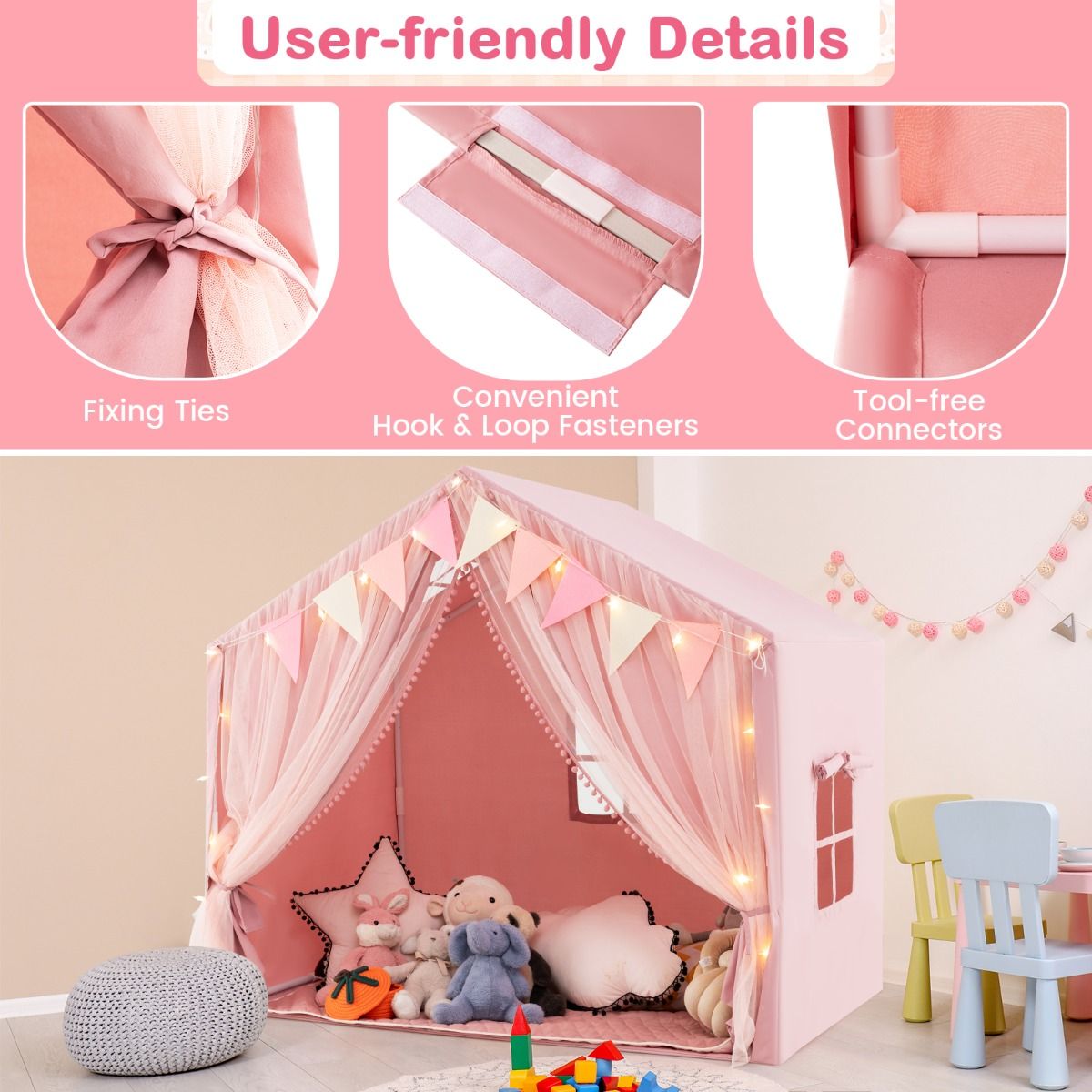Coast Kinderspeeltent - met gordijnen en sterrenverlichting - grote speelhuis tent - roze