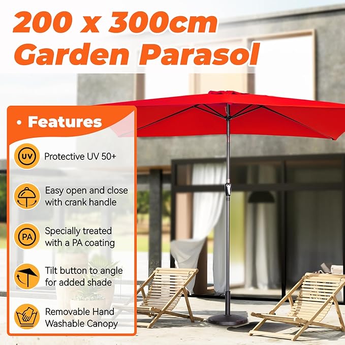 Angel Living Tuinparasol - 2 x 3 m - Aluminium - Kantelbaar - Rood