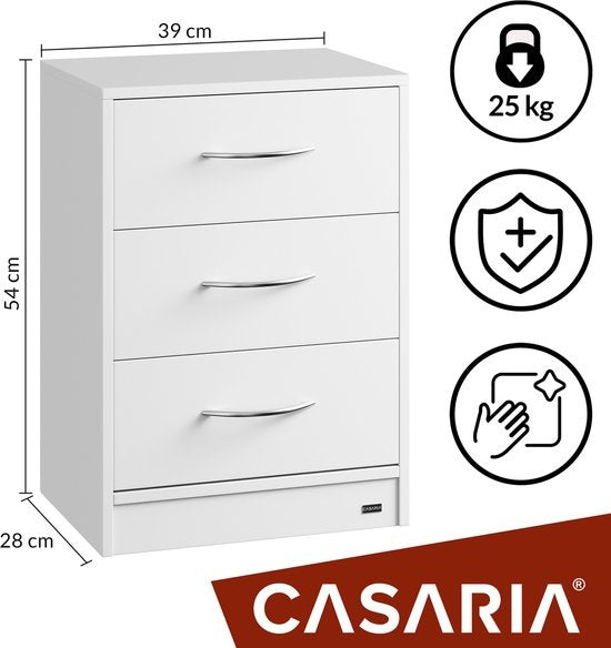 Casaria Nachtkastje Eloise – 3 Laden 54x39x28cm – Wit
