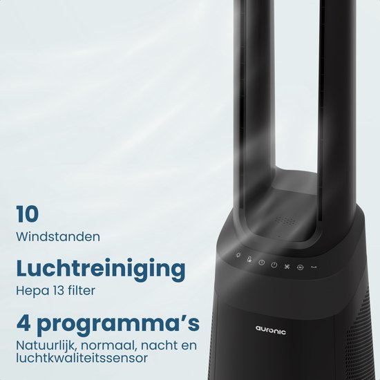 Auronic Torenventilator - Bladeless Model 2 in 1 - Luchtreiniger met HEPA-filter - Ventilator - 10 Standen - Afstandsbediening - 105 cm - Zwart