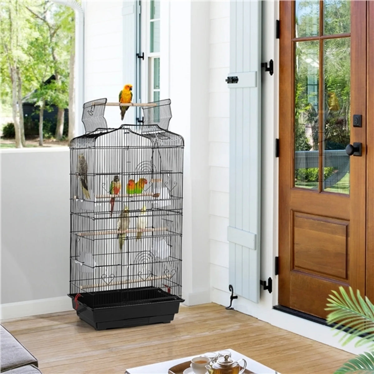 Yaheetech Ruime Vogelkooi met Open Dak en Schommel 46x35x104,5 cm – Klassiek Zwart – Metaal