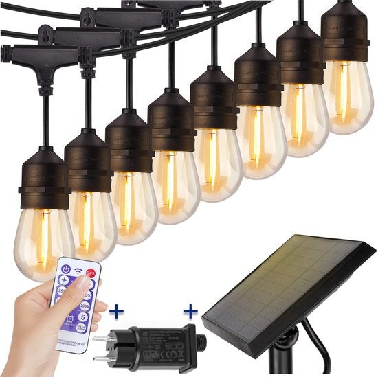 SHINE Lichtsnoer Buiten – Solar Prikkabel – Vintage Classic LED Slinger – 15m – Afstandsbediening