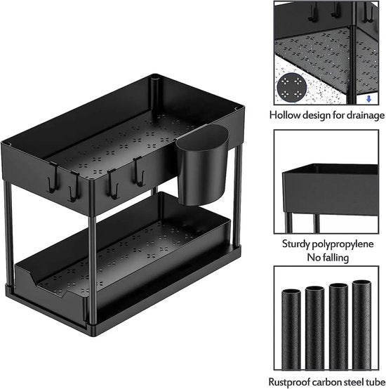 Nexxt Keukenkast Organizer - 2 Lagen – Rek met Uitschuifbare Lade - Inclusief Haakjes en Bakjes – Gootsteen Organizer - Zwart