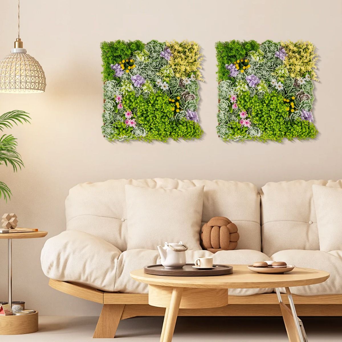Coast Kunstplanten Wandpanelen - set van 2 - 3D kunsthaag - 10 soorten gemengde planten - 50 x 50 cm - groen en bruin