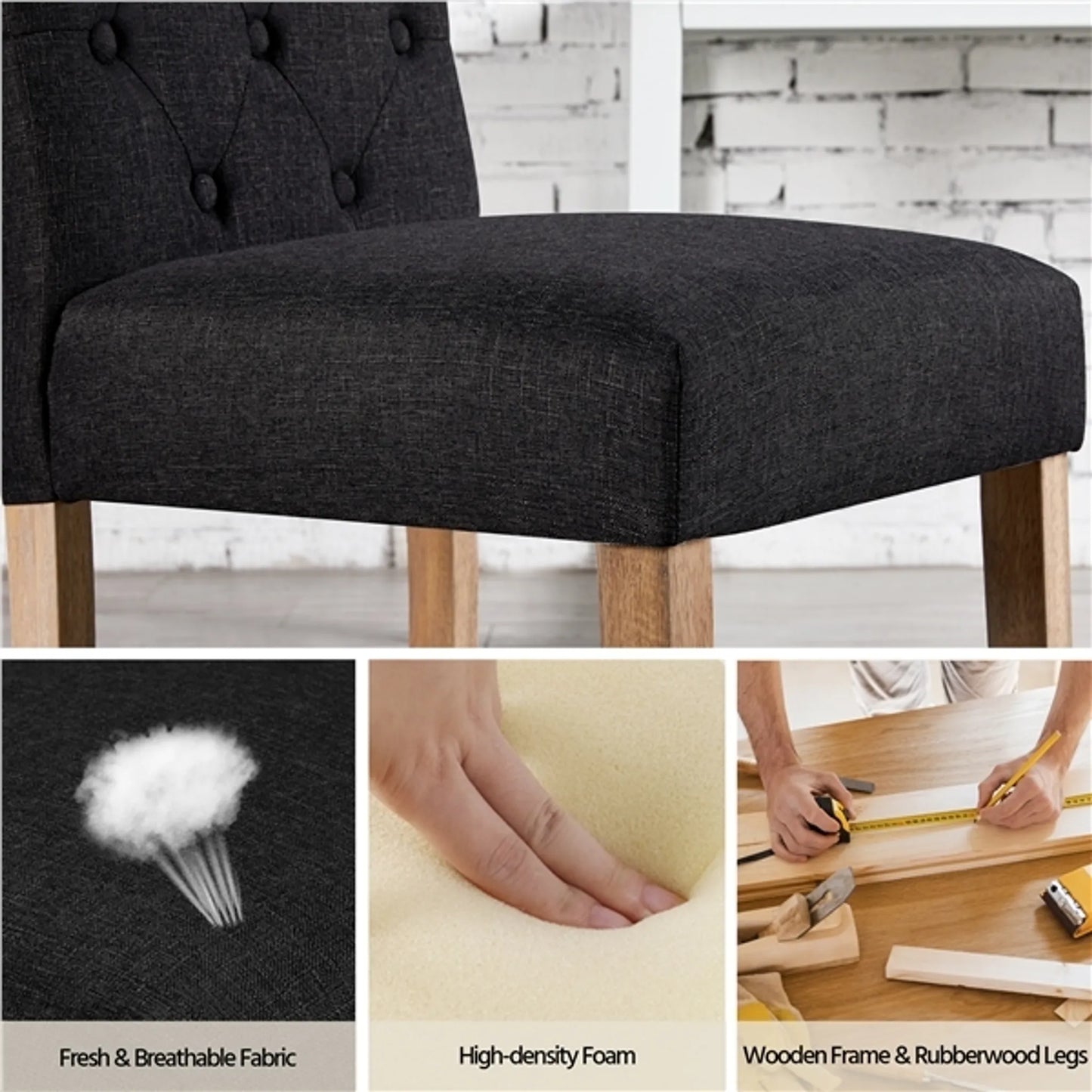 Yaheetech Eetkamerstoel Met Hoge Rugleuning 2 Stuks – Voorzien Van Gecapitonneerde Rug En Massief Eikenhouten Poten En Verstelbare Beschermpoten – Voor Keuken En Restaurant – Zwart Polyester En Eikenhout – 45,5 x 62 x 98,5 cm
