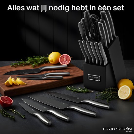 Erikssøn Kitchen Messenset Met Keukenblok - 16 Delig - Krasbestendig - Keukenmessen - Koksmes - Vleesmes - Zwart