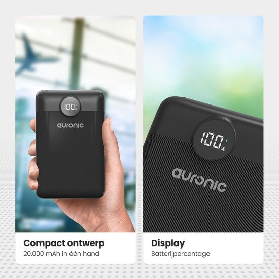 Auronic Powerbank - Geschikt voor iPhone 12/13/14/15 en Samsung S21/S22/S23 - 20.000 mAh - 22.5W - 3 Oplaadpoorten - Snelladen via USB-A en USB-C - Zwart