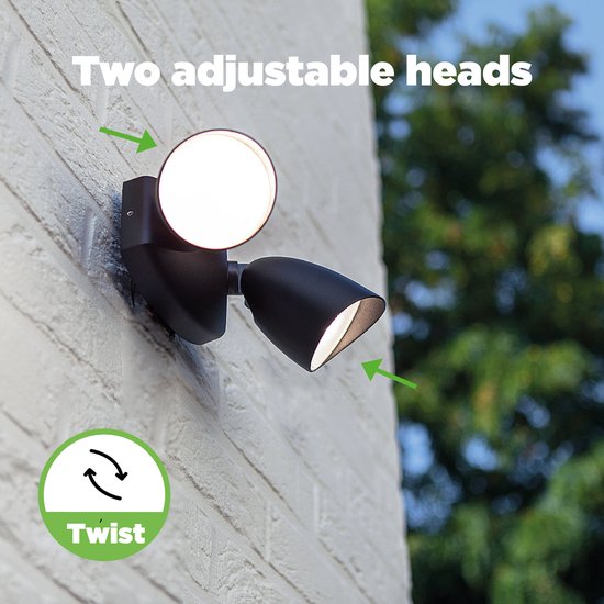LUTEC Shrimp - LED security wandlamp voor buiten - Dag/nacht sensor - Premium aluminium - Tweekoppig - 1700Lm krachtig licht - 4000K helder wit licht - Mat zwart