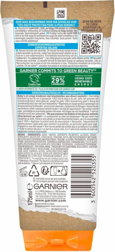 Garnier Ambre Solaire Sensitive Expert+ SPF50+ - Hypoallergene Zonnebrandmelk voor de Gevoelige Huid met Ceramide Protect - 175 ML