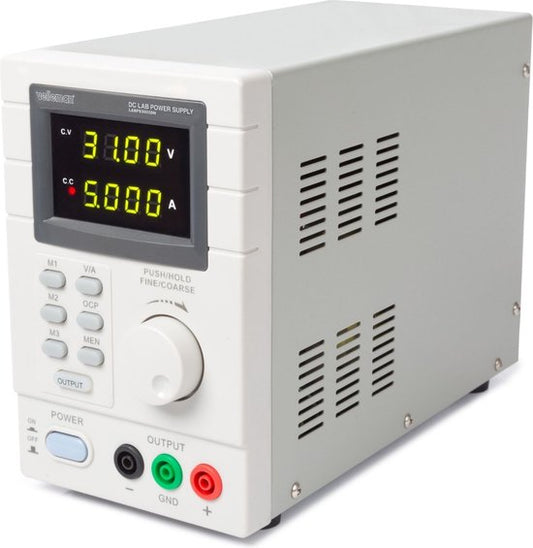 Velleman Laboratoriumvoeding, programmeerbaar via PC, regelbaar, 0-30 VDC/5 A, stroombegrenzing, bescherming tegen kortsluiting, twee 4-cijferige led-schermen, USB-aansluiting