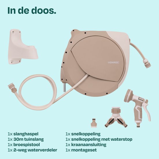 VONROC Automatische tuinslanghaspel – tuinslangbox voor aan de muur – Incl. 30m premium tuinslang, 8-standen sproeipistool en koppelingen – beige