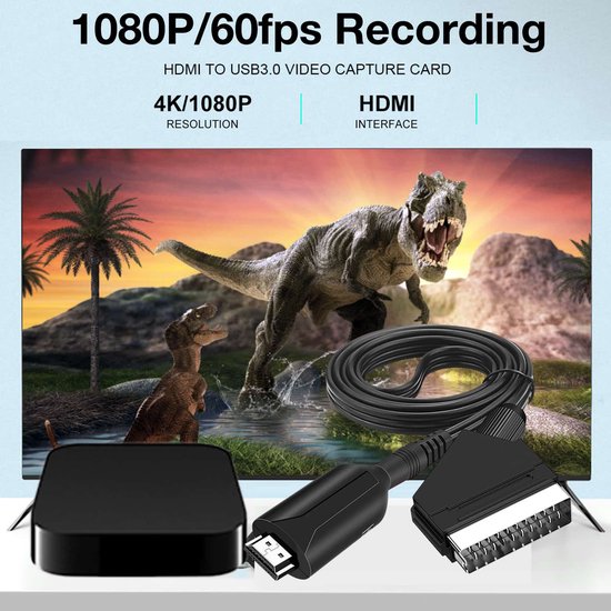SCART naar HDMI Adapter - 1080p/720p alles-in-één Scart naar HDMI audio-videoadapter - Wordt geleverd met HDMI-kabel, Scart-ingangskabel en HDMI-uitgangspoort - Werkt met HDTV's, settopboxen, VHS-systemen, Xbox, PS3, Sky, DVD en Blu-ray