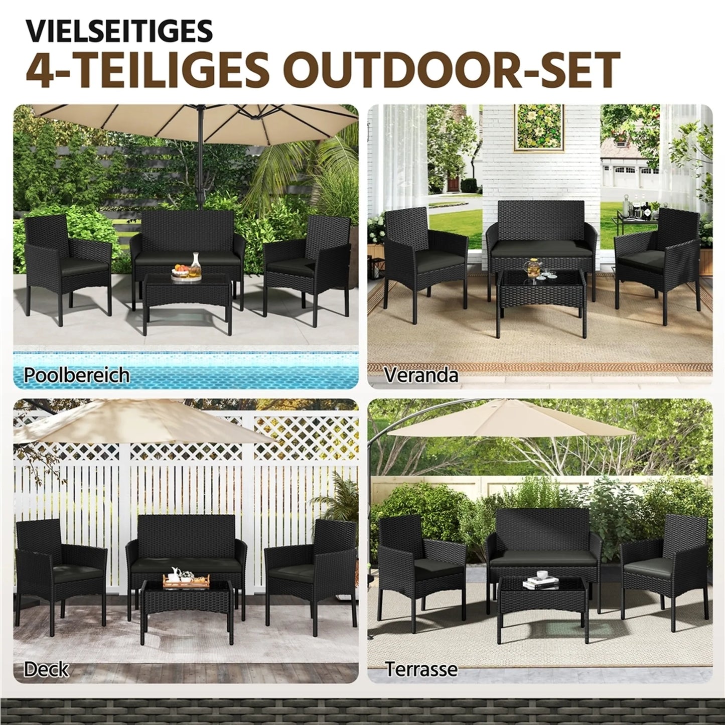 Yaheetech Tuinset Loungeset 4-Delig – 100 x 59,5 x 83,5 cm – Voorzien Van Handgeweven PE-Rattan En Glazen Tafelblad En Wasbare Kussens – Voor Tuin En Balkon – Zwart Polyethyleen En Metaal