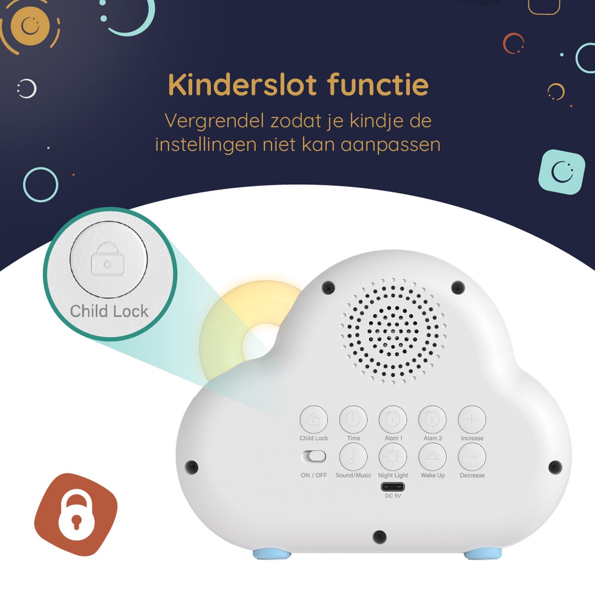 Numsy - Lou Slaaptrainer Kinderen - Kinderwekker met Nachtlampje - LED - 16 x 11 x 4 cm - 5W - Wolkje