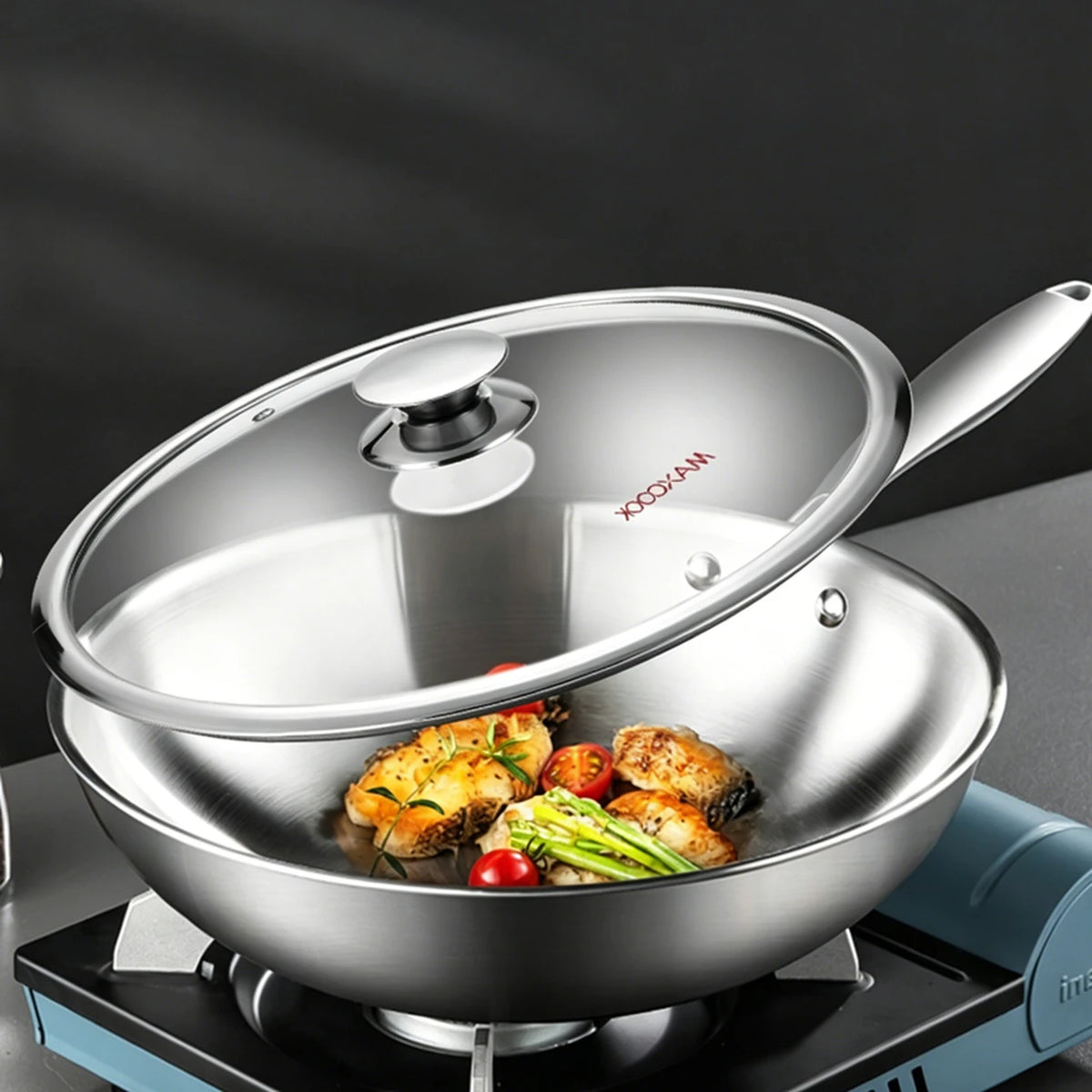 Maxcook MCC7911 RVS wokpan 28 cm met glazen deksel