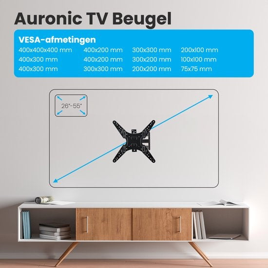 Auronic TV Beugel – Draaibaar & Kantelbaar, VESA 400x400 – Tot 40 kg – 50 x 29 x 43 cm – Zwart